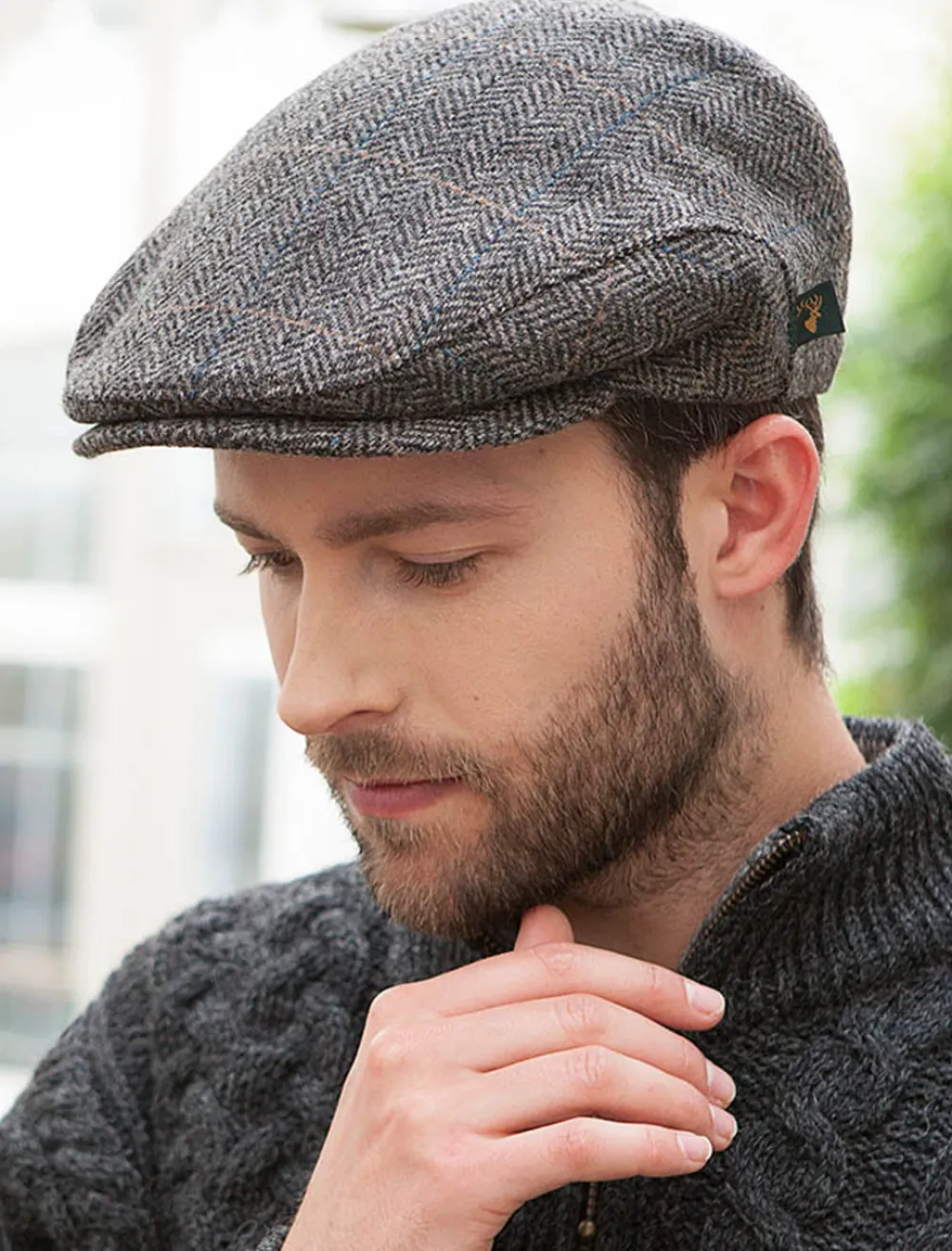 Glenaran Irish Flat Caps^Trinity Tweed Flat Cap - Grey with Tan
