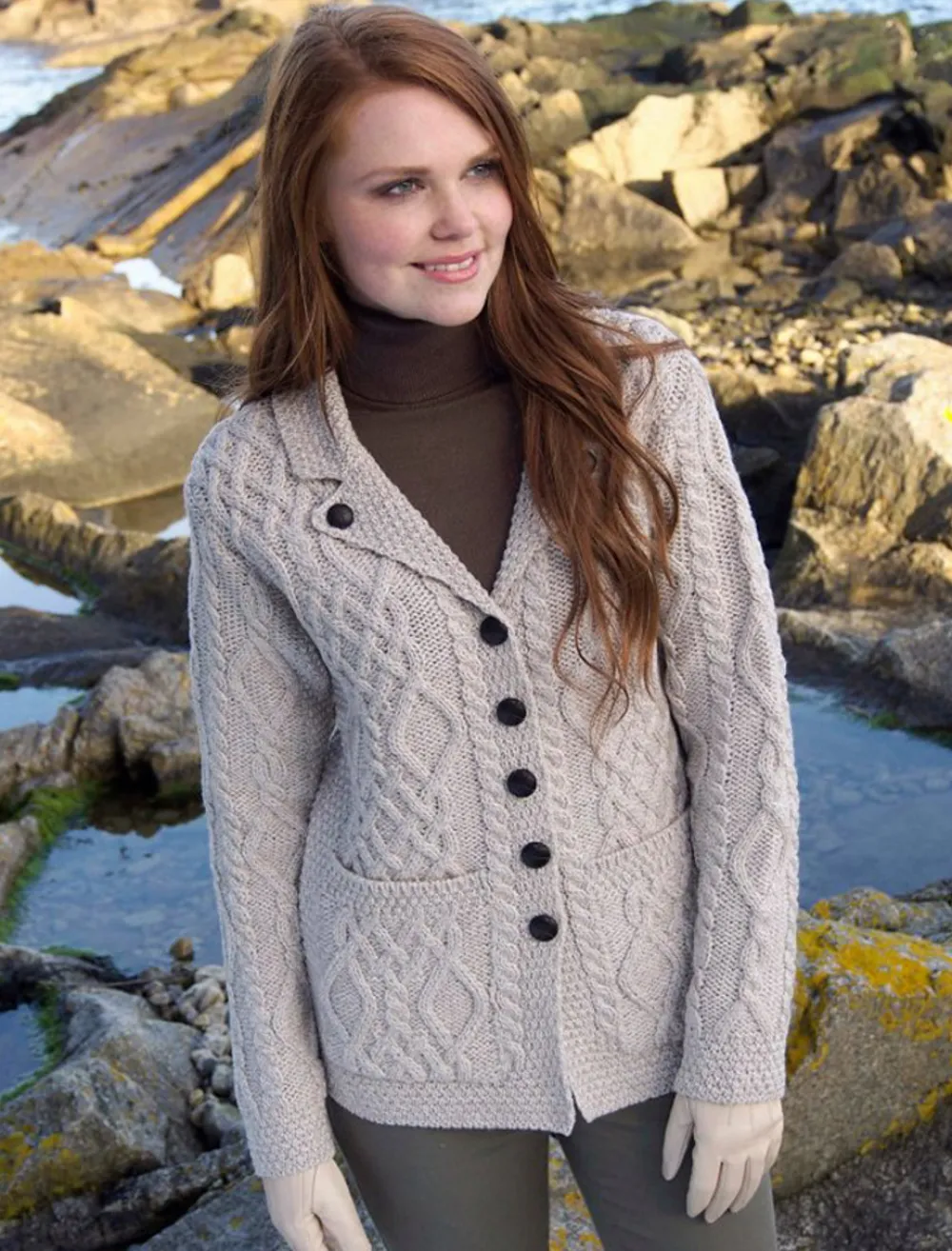 Glenaran Cardigans, Jackets & Coatigans^Revere Button Collar Aran Cardigan